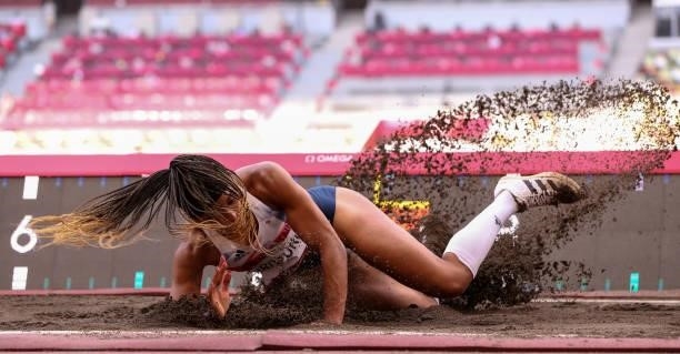Abigail Irozuru of Great Britain in the qualification round of the womens long jump during the Athletics event on Day 9 of the Tokyo 2020 Olympic...