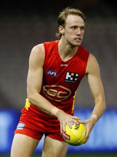 Jack Lukosius of the Suns in action during the 2021 AFL Round 20 match between the Gold Coast Suns and the Melbourne Demons at Marvel Stadium on...