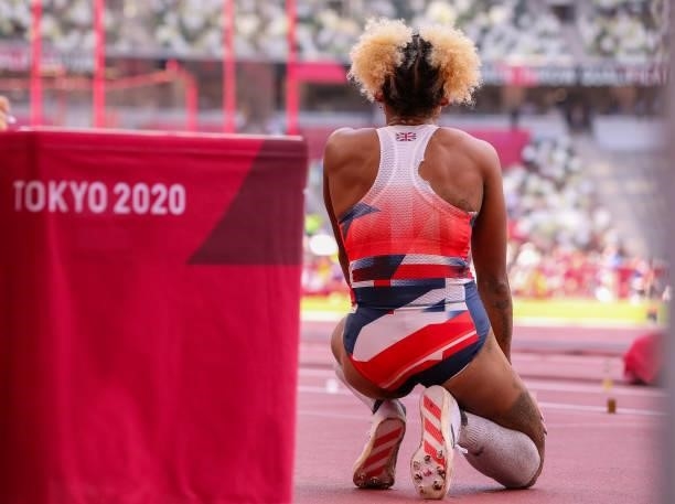 Jazmin Sawyers of Great Britain waits for the display to show the distance she jumped in the qualification round of the womens long jump during the...