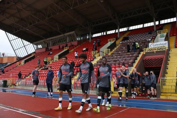 Newcastle United players head out for warm up during the Pre-season Friendly match between Gateshead and Newcastle United at the Gateshead...