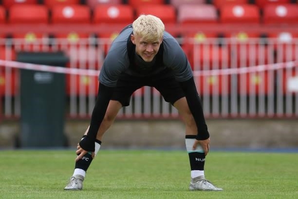 Jack Young of Newcastle United warms up during the Pre-season Friendly match between Gateshead and Newcastle United at the Gateshead International...