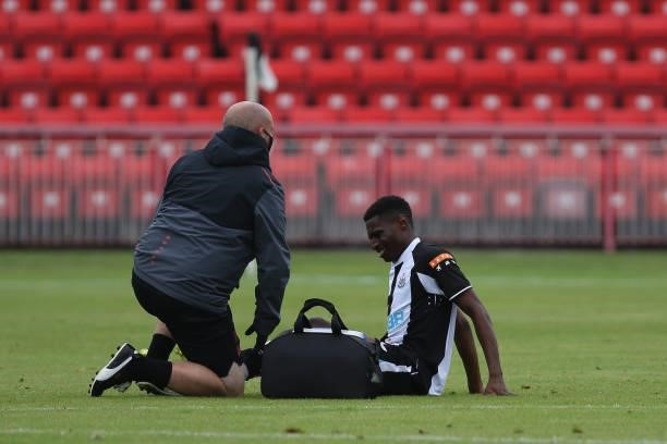 Matt Bondswell of Newcastle United recieves medical attention during the Pre-season Friendly match between Gateshead and Newcastle United at the...