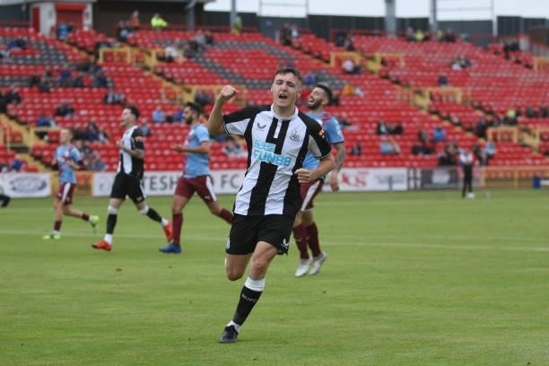 Dylan Stephenson of Newcastle United celebrates his goal during the Pre-season Friendly match between Gateshead and Newcastle United at the Gateshead...