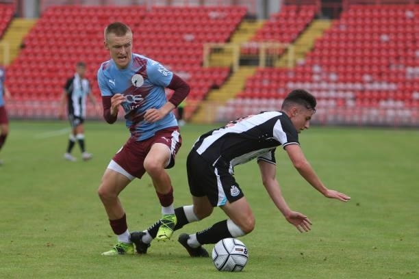 Dylan Stephenson of Newcastle United is fouled during the Pre-season Friendly match between Gateshead and Newcastle United at the Gateshead...
