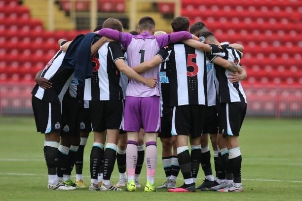 Newcastle United player take part in a team talk sduring the Pre-season Friendly match between Gateshead and Newcastle United at the Gateshead...