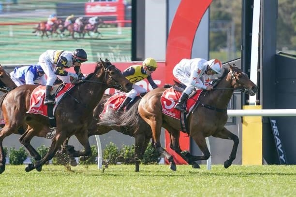 Invincible Jet ridden by Damien Oliver wins the Ladbrokes Easy Form Handicap at Ladbrokes Park Lakeside Racecourse on August 01, 2021 in Springvale,...