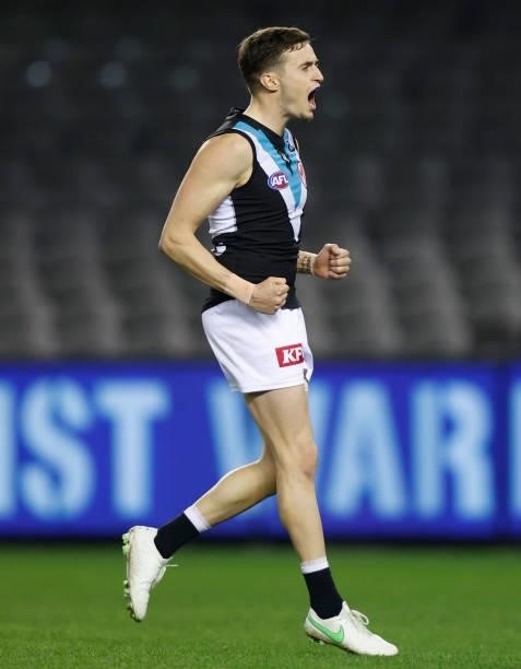 Orazio Fantasia of the Power celebrates a goal during the 2021 AFL Round 20 match between the GWS Giants and the Port Adelaide Power at Marvel...