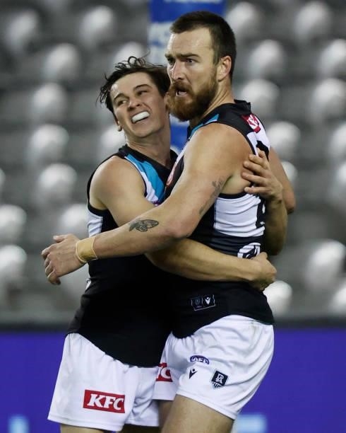 Connor Rozee and Charlie Dixon of the Power celebrate during the 2021 AFL Round 20 match between the GWS Giants and the Port Adelaide Power at Marvel...