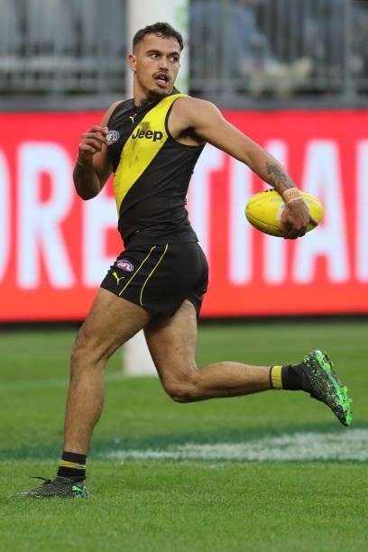 Sydney Stack of the Tigers during the 2021 AFL Round 20 match between the Fremantle Dockers and the Richmond Tigers at Optus Stadium on August 1,...