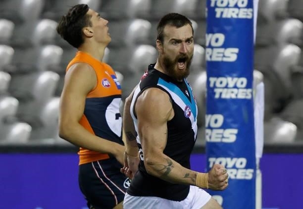 Charlie Dixon of the Power celebrates a goal during the 2021 AFL Round 20 match between the GWS Giants and the Port Adelaide Power at Marvel Stadium...