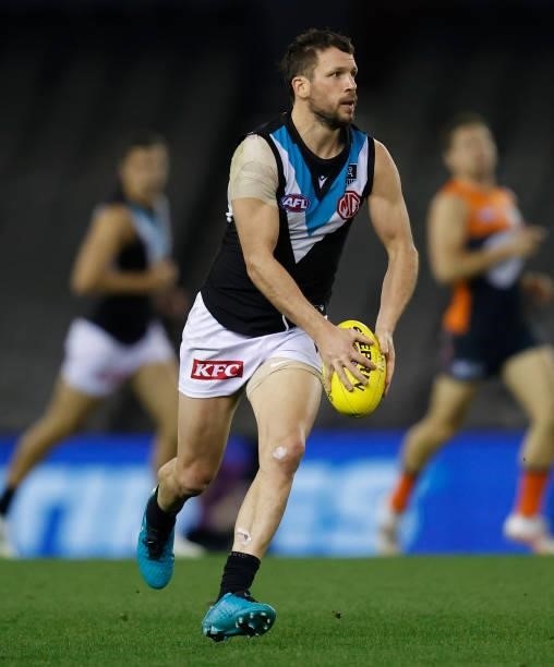 Travis Boak of the Power in action during the 2021 AFL Round 20 match between the GWS Giants and the Port Adelaide Power at Marvel Stadium on August...