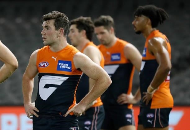 Brent Daniels of the Giants looks dejected after a loss during the 2021 AFL Round 20 match between the GWS Giants and the Port Adelaide Power at...
