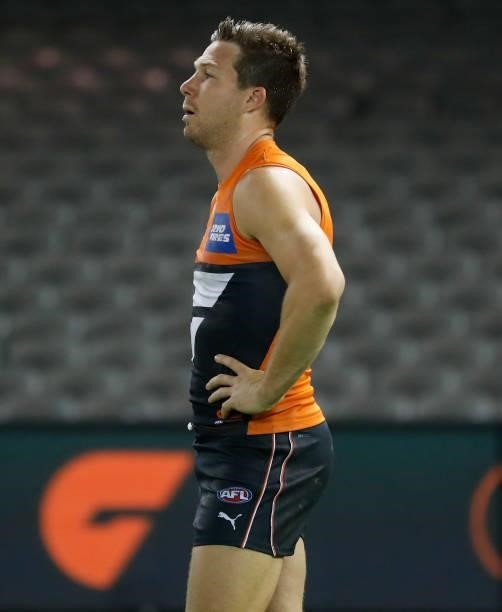 Toby Greene of the Giants looks dejected after a loss during the 2021 AFL Round 20 match between the GWS Giants and the Port Adelaide Power at Marvel...