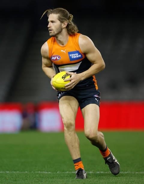 Callan Ward of the Giants in action during the 2021 AFL Round 20 match between the GWS Giants and the Port Adelaide Power at Marvel Stadium on August...
