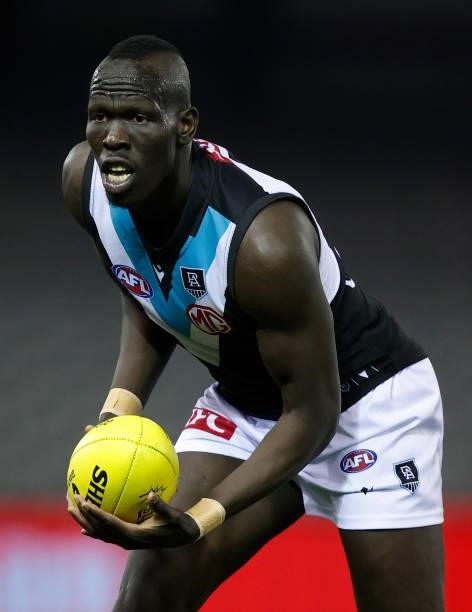 Aliir Aliir of the Power in action during the 2021 AFL Round 20 match between the GWS Giants and the Port Adelaide Power at Marvel Stadium on August...