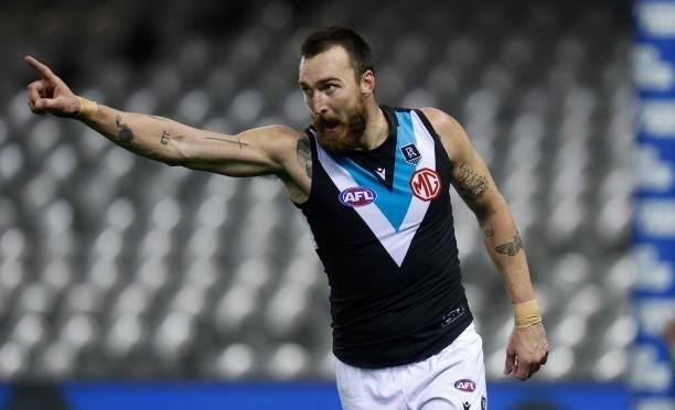 Charlie Dixon of the Power celebrates a goal during the 2021 AFL Round 20 match between the GWS Giants and the Port Adelaide Power at Marvel Stadium...