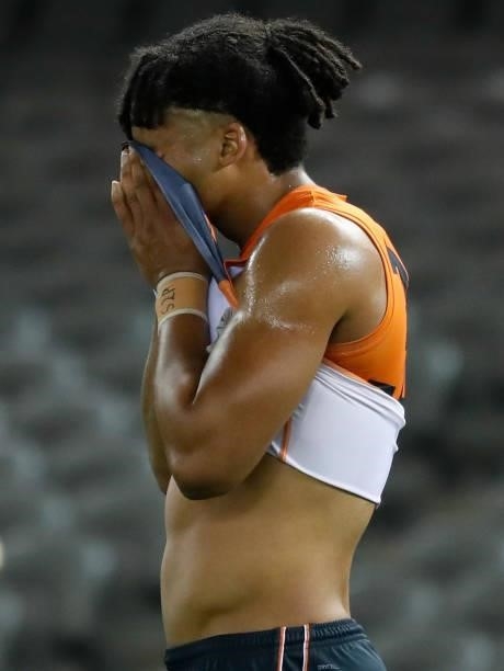 Connor Idun of the Giants looks dejected after a loss during the 2021 AFL Round 20 match between the GWS Giants and the Port Adelaide Power at Marvel...