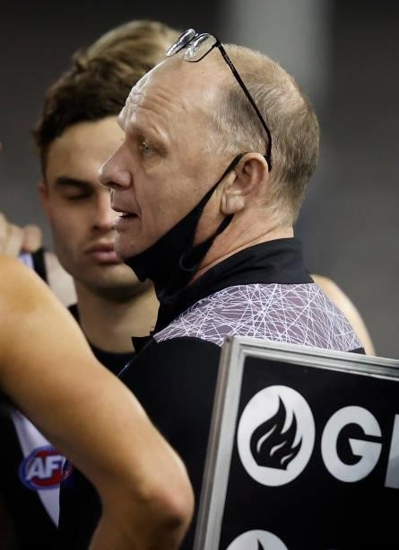 Ken Hinkley, Senior Coach of the Power looks on during the 2021 AFL Round 20 match between the GWS Giants and the Port Adelaide Power at Marvel...