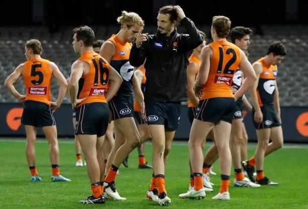 Phil Davis of the Giants looks dejected after a loss during the 2021 AFL Round 20 match between the GWS Giants and the Port Adelaide Power at Marvel...