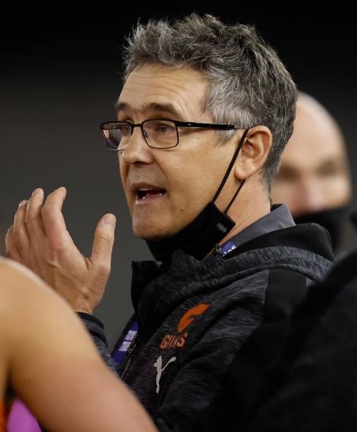 Leon Cameron, Senior Coach of the Giants addresses his players during the 2021 AFL Round 20 match between the GWS Giants and the Port Adelaide Power...