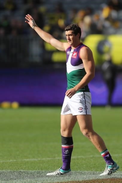 Lloyd Meek of the Dockers during the 2021 AFL Round 20 match between the Fremantle Dockers and the Richmond Tigers at Optus Stadium on August 1, 2021...