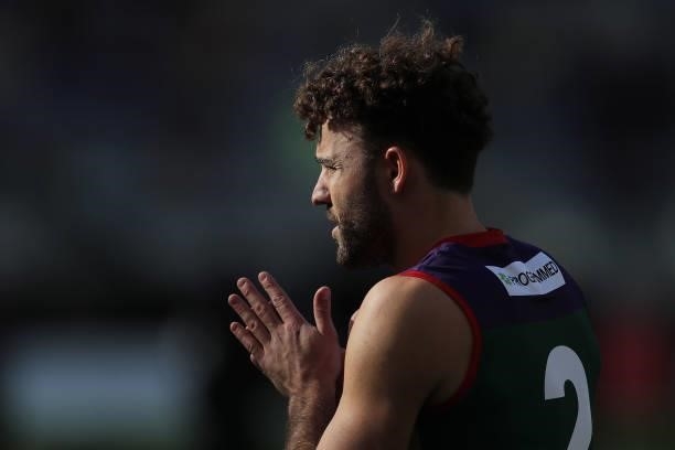 Griffin Logue of the Dockers looks on during the 2021 AFL Round 20 match between the Fremantle Dockers and the Richmond Tigers at Optus Stadium on...