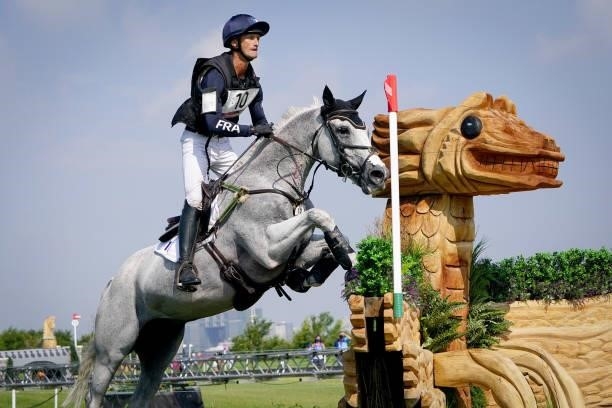 Christopher Six riding Totem de Brecey during the Eventing Cross Country Team and Individual at Sea Forest Cross-Country Course on August 1, 2021 in...
