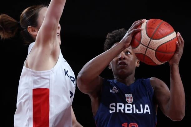 Serbia's Yvonne Anderson runs with the ball in the women's preliminary round group A basketball match between South Korea and Serbia during the Tokyo...