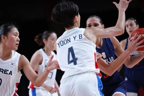 South Korea's Yoon Yebin fights for the ball with Serbia's Sonja Vasic in the women's preliminary round group A basketball match between South Korea...