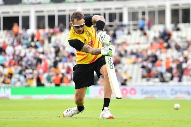Alex Hales of the Trent Rockets warms up ahead of The Hundred match between Birmingham Phoenix Men and Trent Rockets Men at Edgbaston on August 01,...