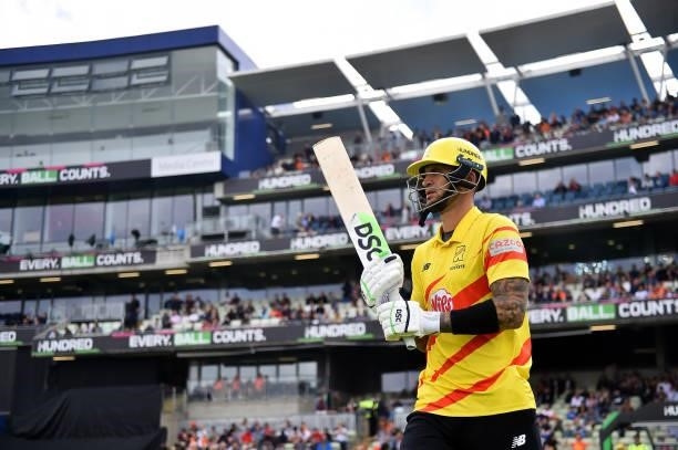 Alex Hales of the Trent Rockets walks out to bat during The Hundred match between Birmingham Phoenix Men and Trent Rockets Men at Edgbaston on August...