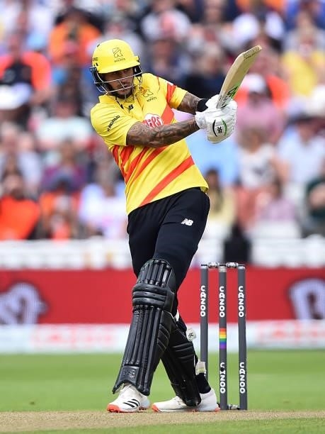 Alex Hales of the Trent Rockets in action during The Hundred match between Birmingham Phoenix Men and Trent Rockets Men at Edgbaston on August 01,...