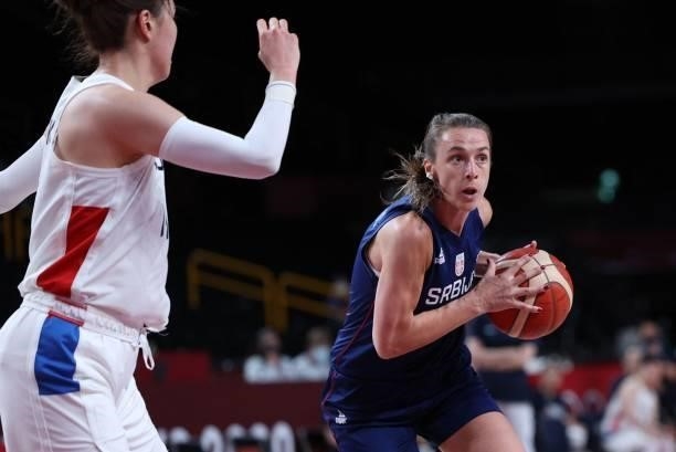 Serbia's Nevena Jovanovic runs with the ball in the women's preliminary round group A basketball match between South Korea and Serbia during the...