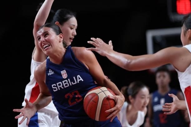 Serbia's Ana Dabovic runs with the ball in the women's preliminary round group A basketball match between South Korea and Serbia during the Tokyo...