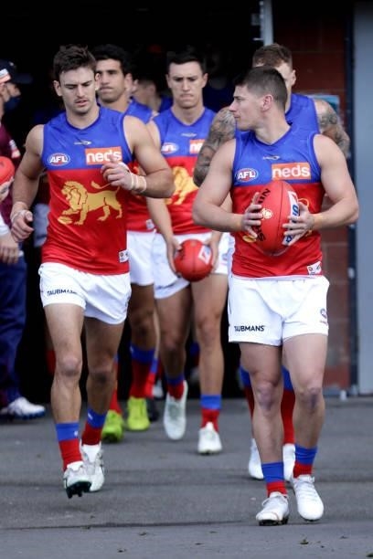 Dayne Zorko of the Lions leads the team out during the 2021 AFL Round 20 match between the Hawthorn Hawks and the Brisbane Lions at UTAS Stadium on...