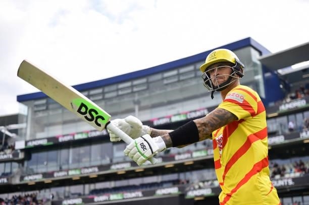 Alex Hales of the Trent Rockets walks out to bat during The Hundred match between Birmingham Phoenix Men and Trent Rockets Men at Edgbaston on August...