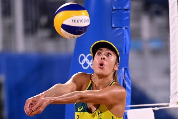 Australia's Taliqua Clancy digs the ball in their women's beach volleyball round of 16 match between Australia and China during the Tokyo 2020...