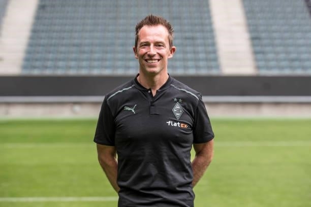 Physiotherapist Adam Szordykowski pose during the Team Presentation of Borussia Moenchengladbach at Borussia-Park on August 01, 2021 in...