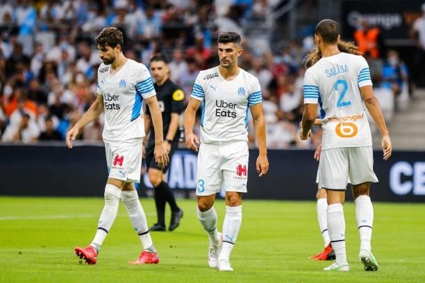 Luan PERES, Alvaro GONZALEZ and William SALIBA of Marseille during the friendly football match between Marseille and Villarreal at Orange Velodrome...