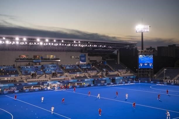 General view taken during the men's quarter-final match of the Tokyo 2020 Olympic Games field hockey competition between India and Britain, at the Oi...