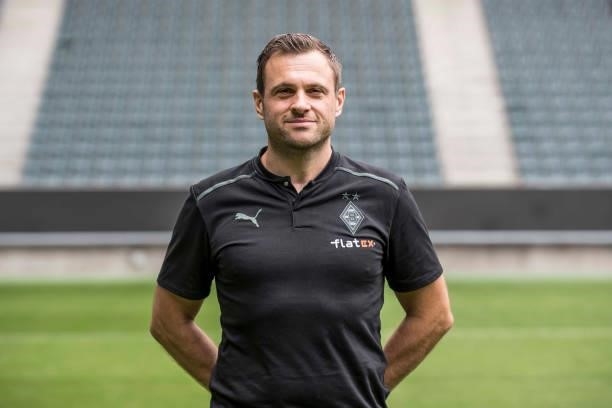 Physiotherapist Hendrik Schreiber pose during the Team Presentation of Borussia Moenchengladbach at Borussia-Park on August 01, 2021 in...