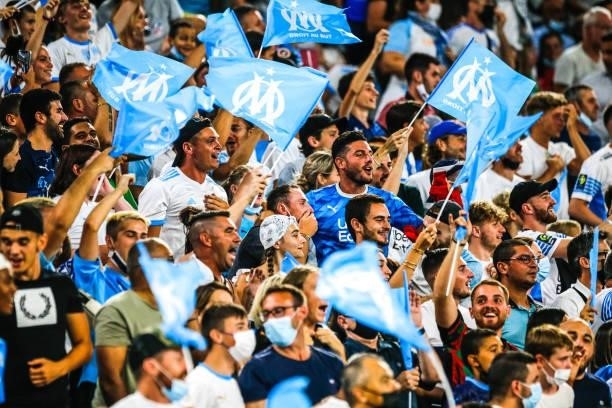 Fans Marseille during the friendly football match between Marseille and Villarreal at Orange Velodrome on July 31, 2021 in Marseille, France.