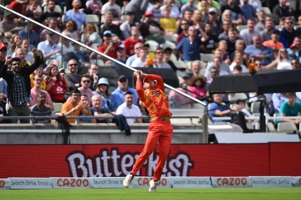 Will Smeed of the Birmingham Phoenix catches Samit Patel of the Trent Rockers during The Hundred match between Birmingham Phoenix Men and Trent...