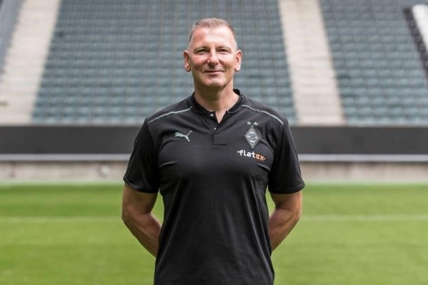 Physiotherapist Dirk Mueller pose during the Team Presentation of Borussia Moenchengladbach at Borussia-Park on August 01, 2021 in Moenchengladbach,...