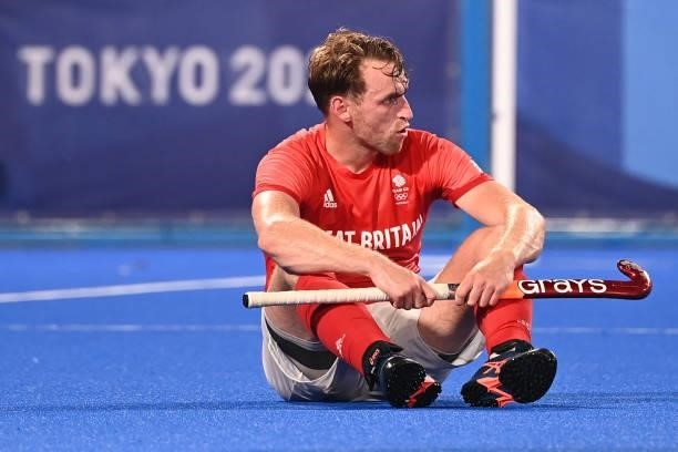 Britain's Christopher Griffiths is seen after losing 3-1 to India in their men's quarter-final match of the Tokyo 2020 Olympic Games field hockey...