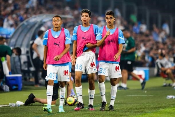 Salim BENSEGHIR, Oussama TARGHALLINE and Bilal NADIR of Marseille during the friendly football match between Marseille and Villarreal at Orange...