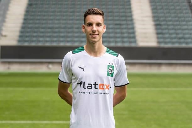 Conor Noß pose during the Team Presentation of Borussia Moenchengladbach at Borussia-Park on August 01, 2021 in Moenchengladbach, Germany.