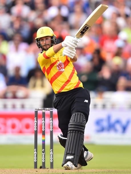 Lewis Gregory of the Trent Rockets in action during The Hundred match between Birmingham Phoenix Men and Trent Rockets Men at Edgbaston on August 01,...