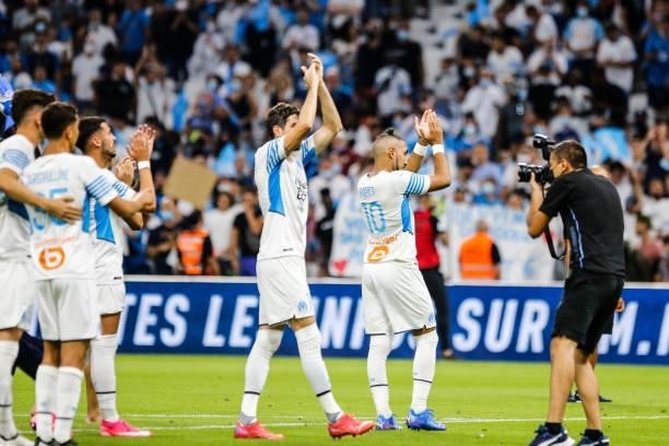 Luan PERES and Dimitri PAYET of Marseille thanks the fans after the friendly football match between Marseille and Villarreal at Orange Velodrome on...
