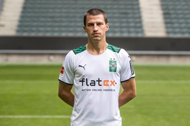 Stefan Lainer pose during the Team Presentation of Borussia Moenchengladbach at Borussia-Park on August 01, 2021 in Moenchengladbach, Germany.